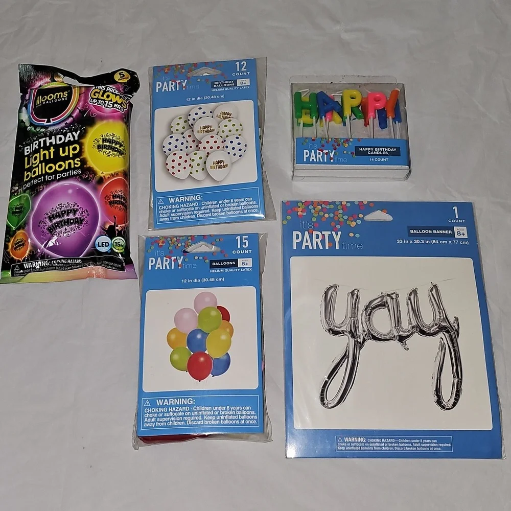 Party Supplies Candles, Balloons, Balloon Banner New